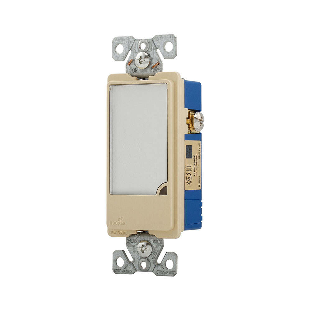 Eaton LED wallbox night light, Dimmable, #14-12 AWG, 15A, Flush mount, 120V, Back and side wiring, Ivory, Decorator, Thermoplastic