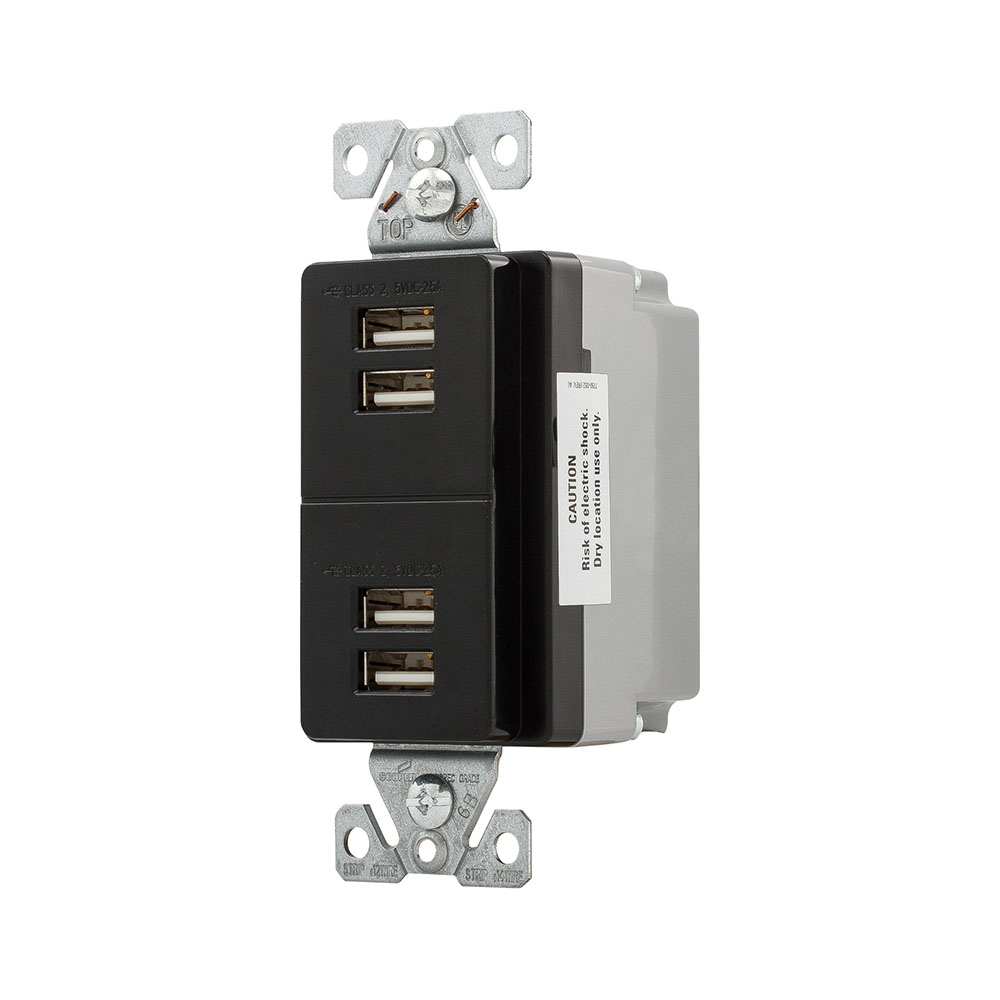 Eaton USB multiport charging station, Corrosion resistant, 5A, Flush mount, 5V, Wire leads, Black, Two-pole, three-wire, grounding, Decorator, Thermoplastic