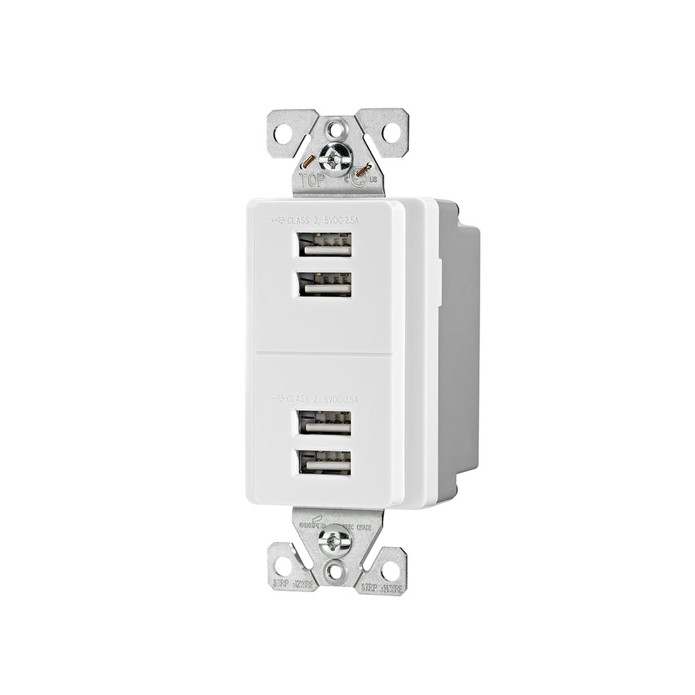 Eaton USB multiport charging station, Corrosion resistant, 5A, Flush mount, 5V, Wire leads, White, Two-pole, three-wire, grounding, Decorator, Thermoplastic
