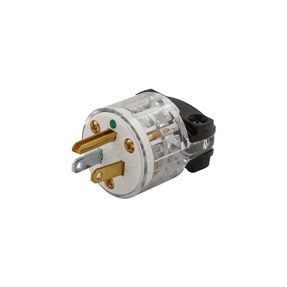 Eaton Arrow Hart safety grip hospital grade straight blade plug,#14-10 AWG,15A,Industrial,125V,Back wire,Clear,Brass,Polycarbonate with thermoplastic housing,5-15P,Two-pole,three-wire,grounding,Screw,0.25-0.69