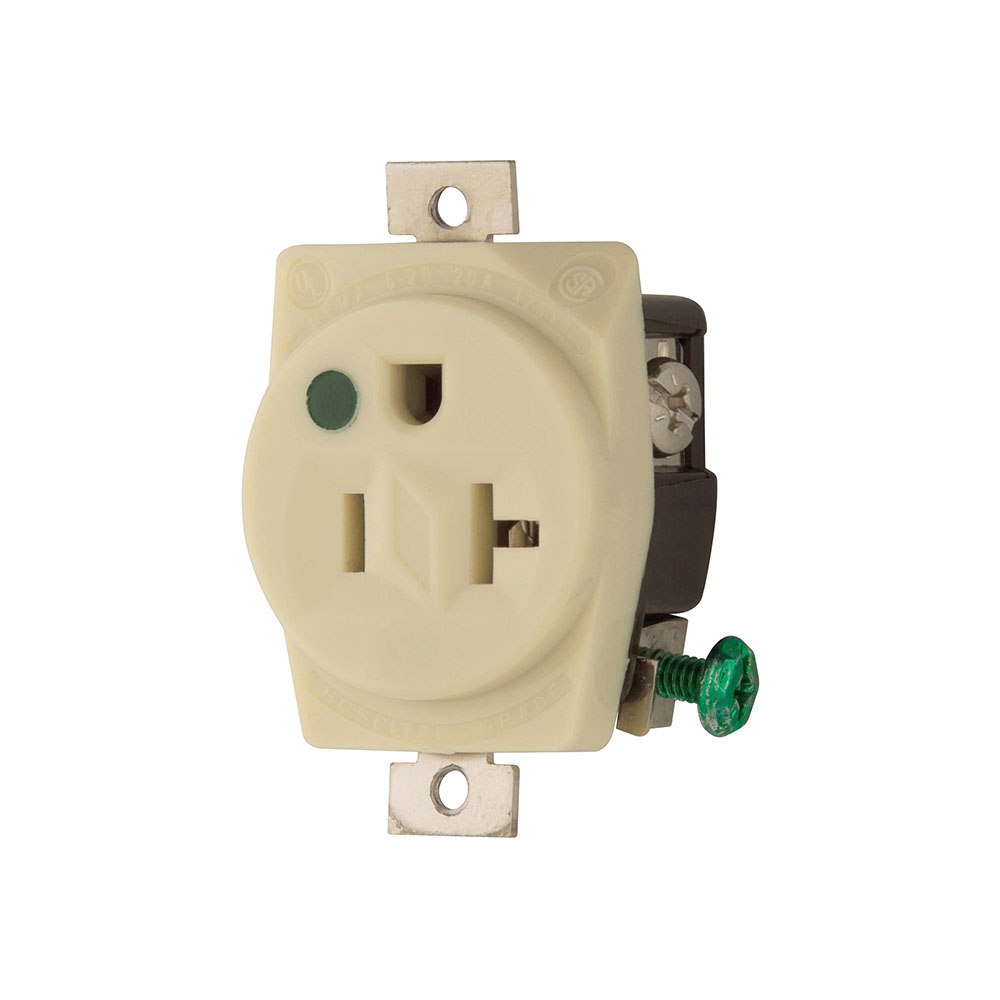 Eaton Arrow Hart heavy-duty hospital grade single receptacle, #14-10 AWG, 20A, Healthcare, Panel, 125V, Back and side, Ivory, Brass, High-impact nylon face, PVC base, 5-20R, Single, Screw, Glass-filled nylon, Core pack