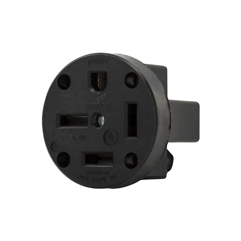 Eaton power device receptacle, #14 to 10 AWG, 50A, Panel, 250V, Back and side, Black, NEMA 15-50R, Three-pole, Four-wire, Three-pole, four-wire, grounding, Screw, Glass-filled nylon, Three-phase, Power
