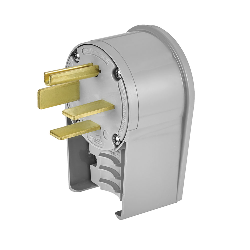 Eaton Arrow Hart extra heavy-duty angled plug, #12-4 AWG, 50A, 250V, Back wire, Gray, Brass, Nylon, 15-50P, Three-pole, Four-wire, Screw, Nylon, .