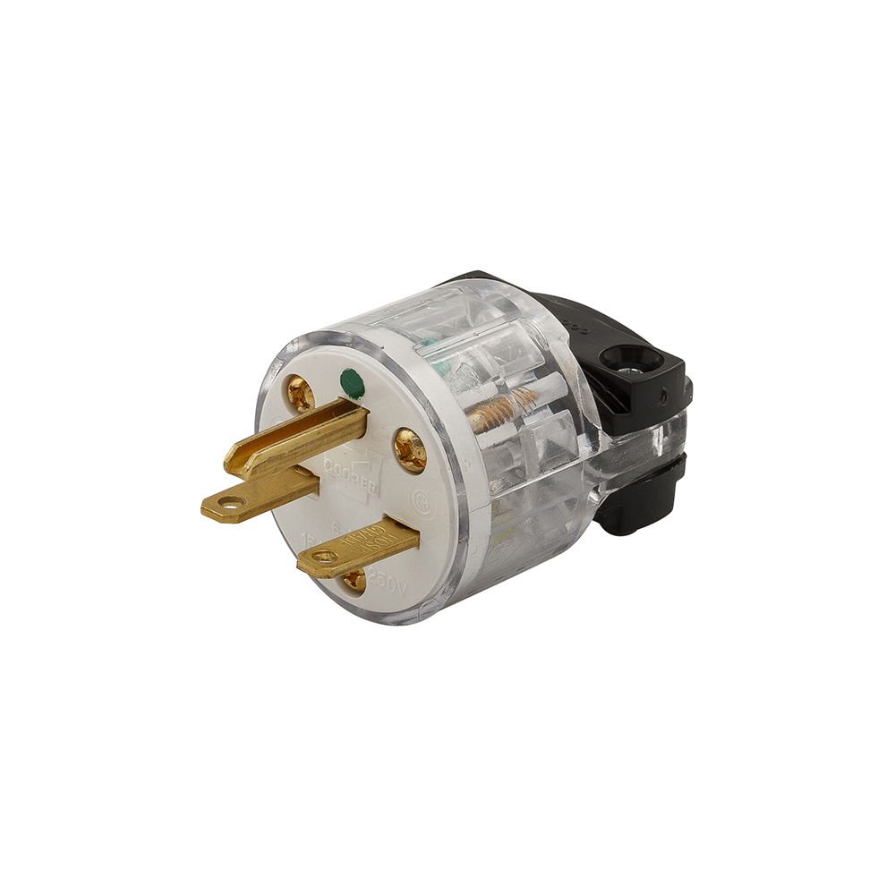 Eaton Arrow Hart safety grip hospital grade straight blade plug,#18-12 AWG,15A,Industrial,250V,Back wire,Clear,Brass,Polycarbonate with thermoplastic housing,6-15P,Two-pole,three-wire,grounding,Screw,0.25-0.69
