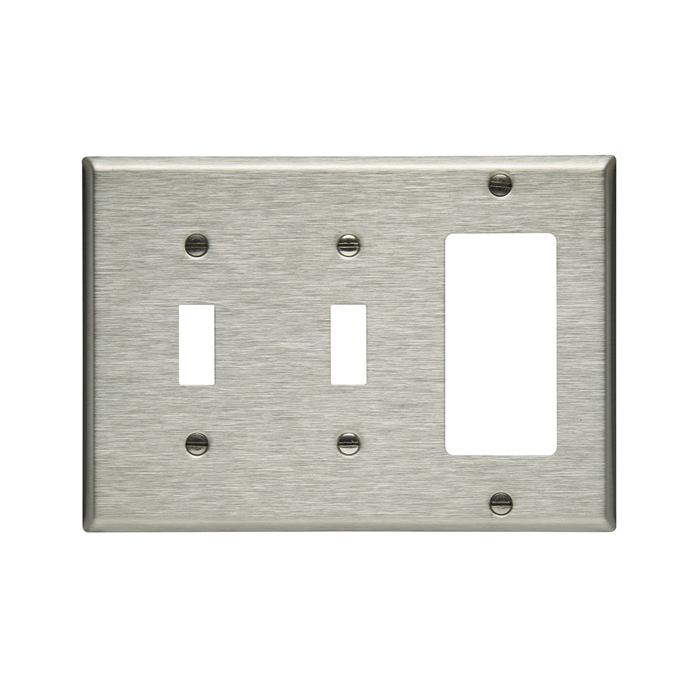 Eaton Combination wallplate, Stainless steel, Toggle, Toggle, Decorator Cutout, Stainless steel, Three- gang, Standard, ED Box