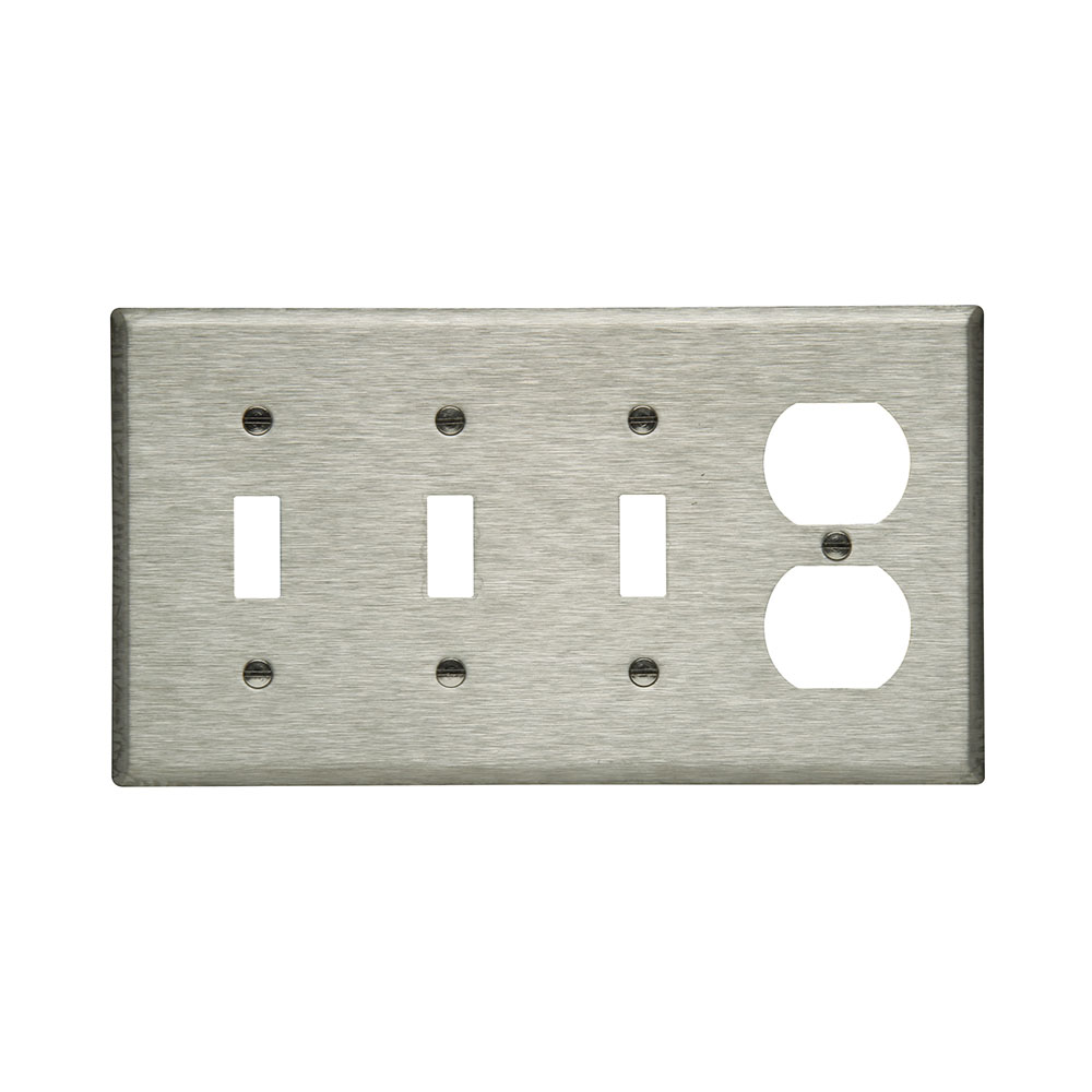 Eaton Combination wallplate, Stainless steel, Toggle, Toggle, Toggle, Duplex receptacle Cutout, Stainless steel, Four- gang, Standard, ED Box