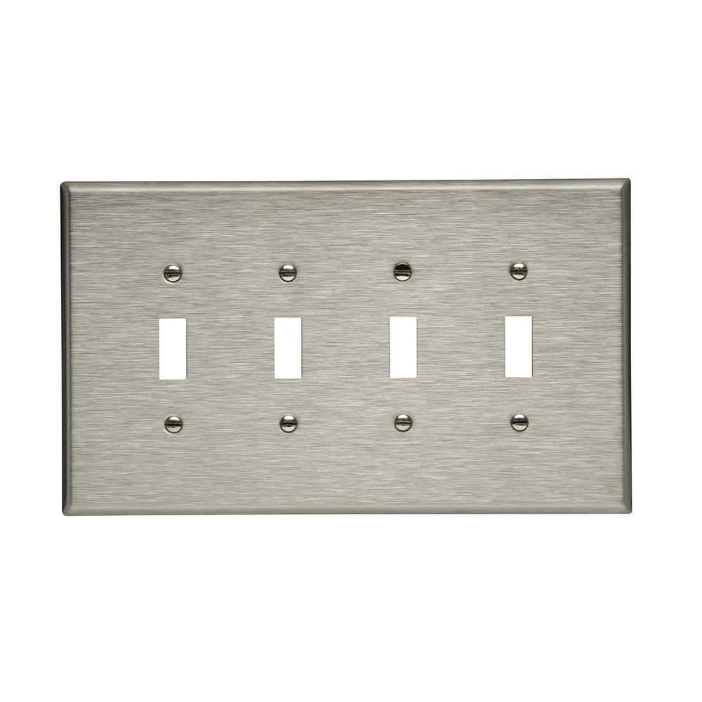 Eaton Toggle wallplate, Stainless steel, Toggle Cutout, Stainless steel, Four- gang, Oversize, ED Box
