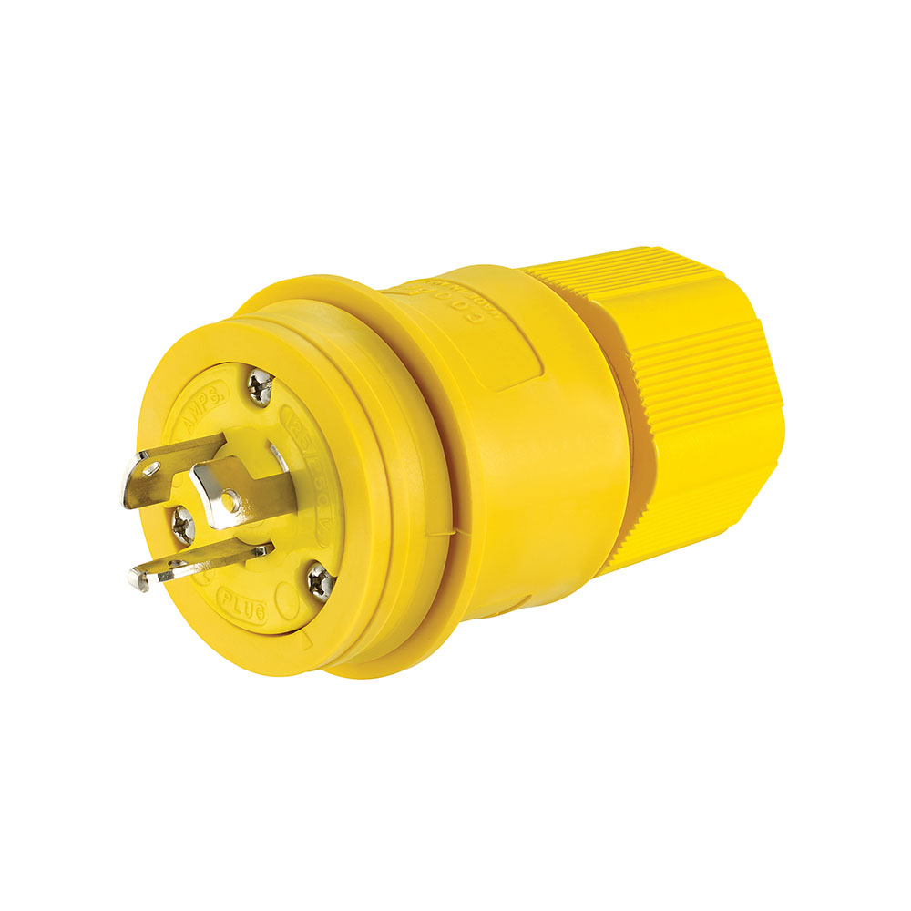 Eaton Arrow Hart watertight locking plug, #18-10 AWG, 20A, Industrial, 125/250V, Back wiring, Yellow, Watertight, Three-pole, Three-wire, non-grounding, Santoprene thermoplastic elastomeric, 0.36 to 0.84 in