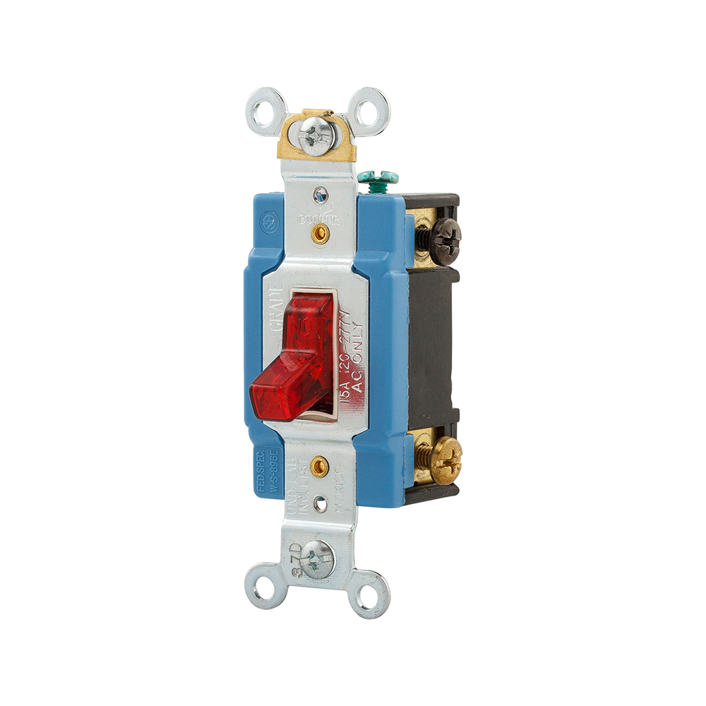 Eaton Arrow Hart industrial grade toggle switch, #14-10 AWG, 15A, Flush, 120/277V, Back and side, Screw, Red, Load type: Motor Control, Fan, LED, Incandescent, ELV, MLV, CFL, Flourescent, Halogen, Double-Pole,Dual-pole,Brass,Polycarbonate
