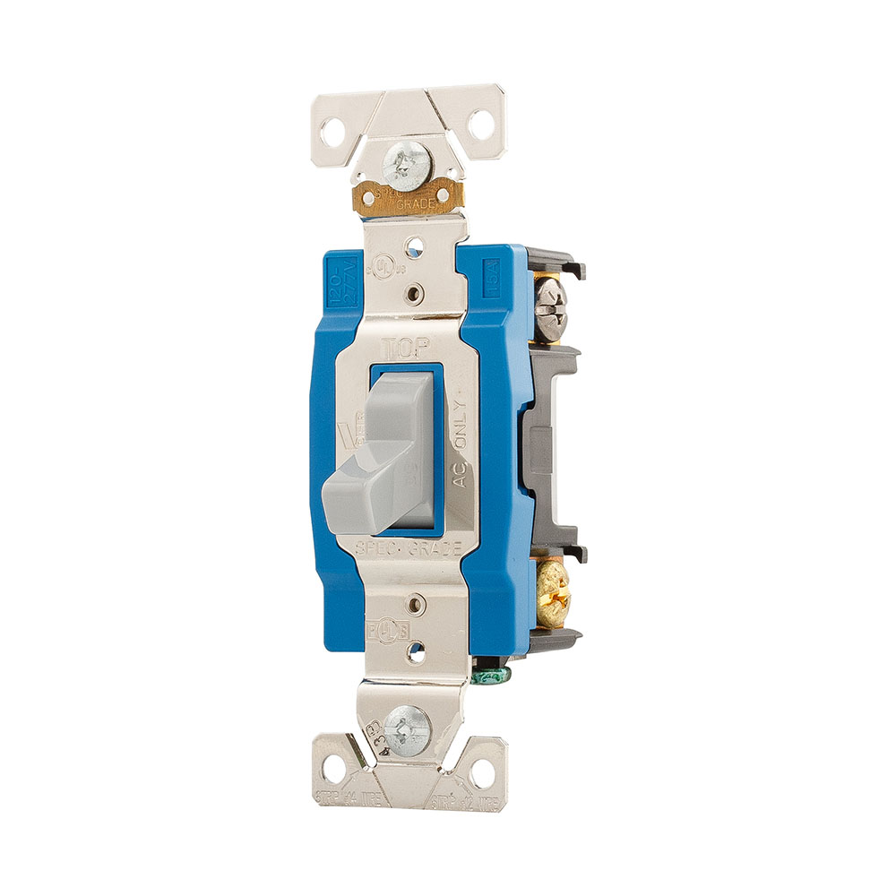 Eaton Arrow Hart industrial grade toggle switch, #14-10 AWG, 15A, Industrial, Wall, 120/277V, Back and side, Screw, Gray, Three-Way, Brass, Terminals: 0.031 in, Polycarbonate