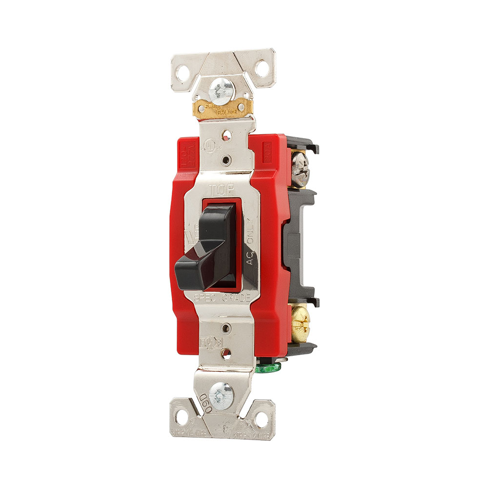 Eaton Arrow Hart industrial grade toggle switch, #14-10 AWG, 20A, Industrial, Wall, 120/277V, Back and side wiring, Screw, Black, Three-Way, Brass, Terminals: 0.031 in, Polycarbonate