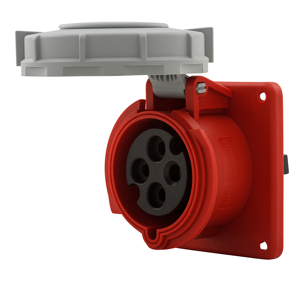 Eaton Arrow Hart pin and sleeve receptacle, IP69K Rated, #10 -#2 AWG, 32A, 380V, 50Hz; 44V, 60Hz, Back wire, Red, Nickel plated brass, IP67, Nylon, Three-pole, Four-wire, grounding, AHBB30 Back box style, Female, Nylon