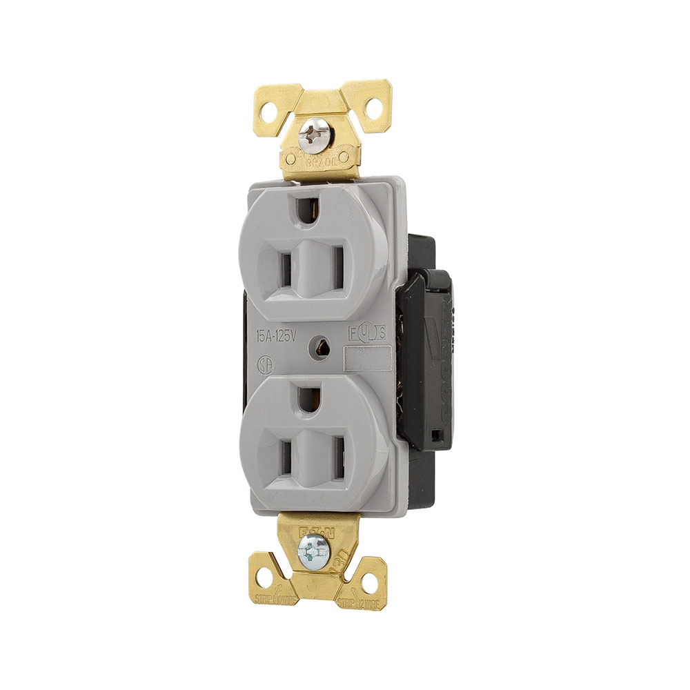 Eaton Arrow Hart corrosion resistant straight blade duplex receptacle,#14-10 AWG,15A,Industrial,Flush,125V,Back and side,Gray,Nickel-plated brass,Corrosion resistant,Nylon face,Glass-filled nylon base,5-15R,Duplex,Screw,Nylon,Core pack