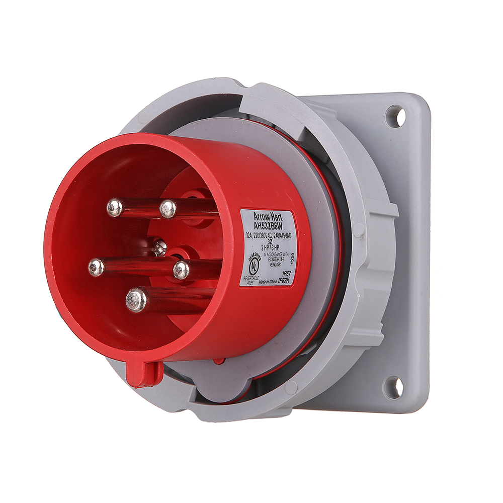 Eaton Arrow Hart pin and sleeve inlet, IP69K Rated, #10 -#2 AWG, 32A, Extra Heavy-Duty, 220/380V - 240/415V, Back wire, Red, Nickel plated brass, IP67, IP69K, Nylon, Four-pole, Five-wire, grounding, AHBB30 Back box style, Male, Nylon