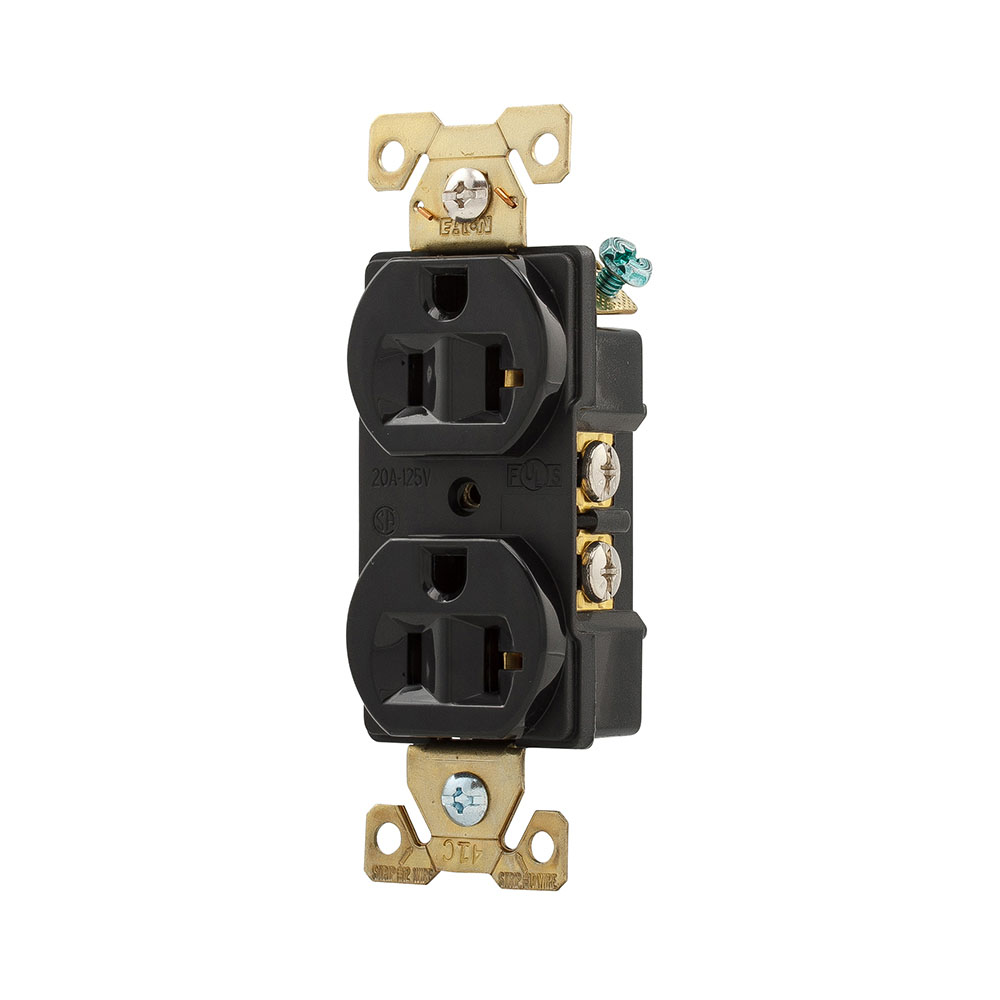 Eaton Arrow Hart extra heavy-duty industrial specification grade duplex receptacle, #14-10 AWG, 20A, Industrial, Flush, 125V, Back and Side, Black, Brass, Nylon, 5-20R, Duplex, Screw, Nylon, Core pack
