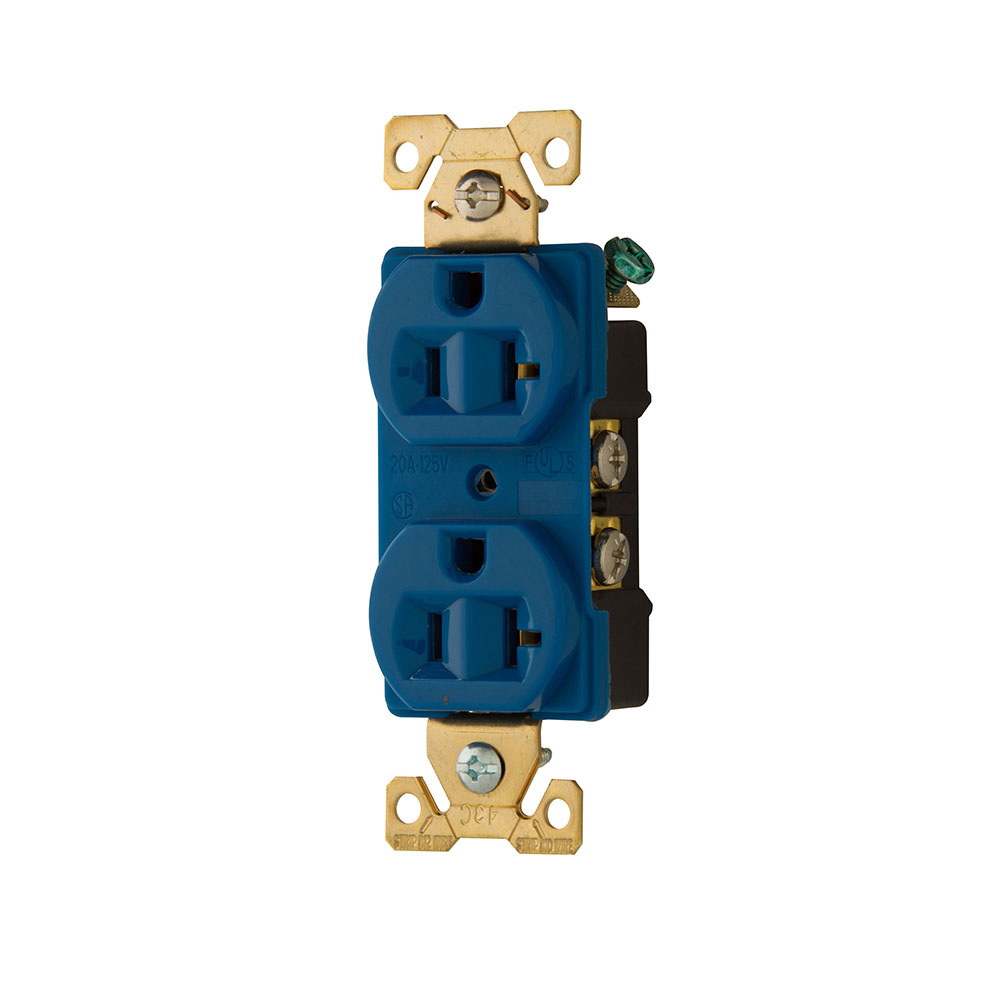 Eaton Arrow Hart extra heavy-duty industrial specification grade duplex receptacle, #14-10 AWG, 20A, Industrial, Flush, 125V, Back and Side, Blue, Brass, Nylon, 5-20R, Duplex, Screw, Nylon, Core pack