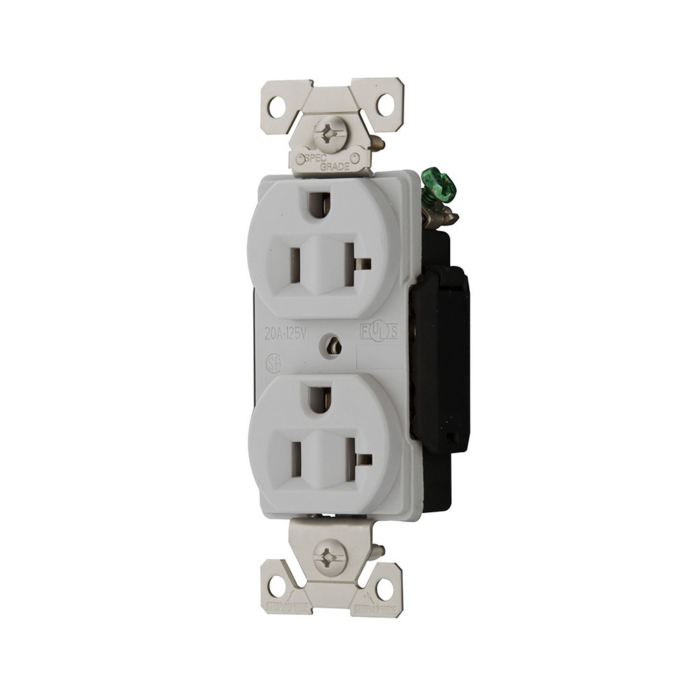 Eaton Arrow Hart corrosion resistant straight blade duplex receptacle,#14-10 AWG,20A,Industrial,Flush,125V,Back and Side,Gray,Nickel-plated brass,Corrosion resistant,Nylon face,Glass-filled nylon base,5-20R,Duplex,Screw,Nylon,Core pack