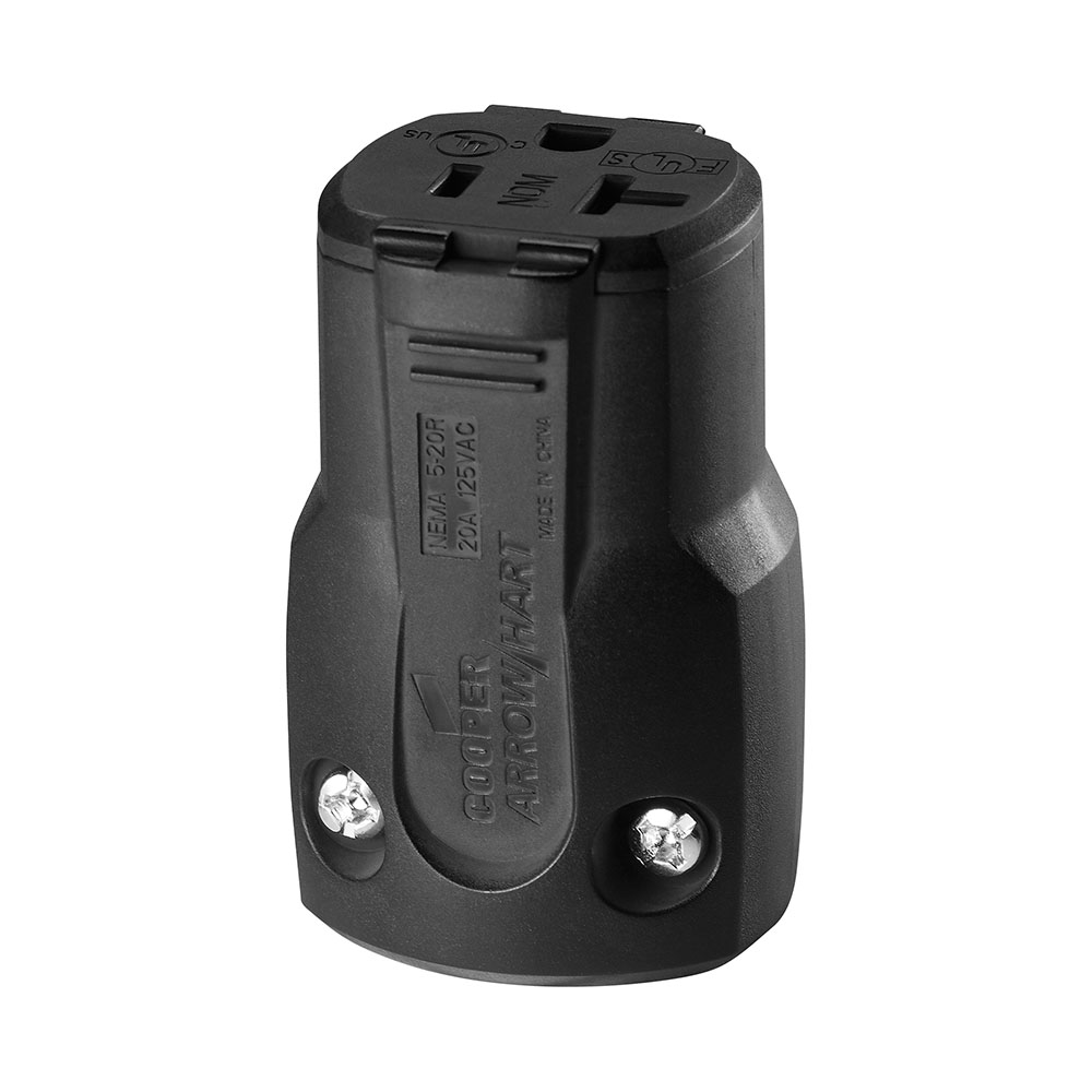 Eaton Arrow Hart quick grip straight blade connector, #16-12 AWG, 20A, Industrial, 125V, Back wire, Black, Brass, Polycarbonate with thermoplastic housing, 5-20R, Two-pole, three-wire, grounding, Screw, 0.33-0.66