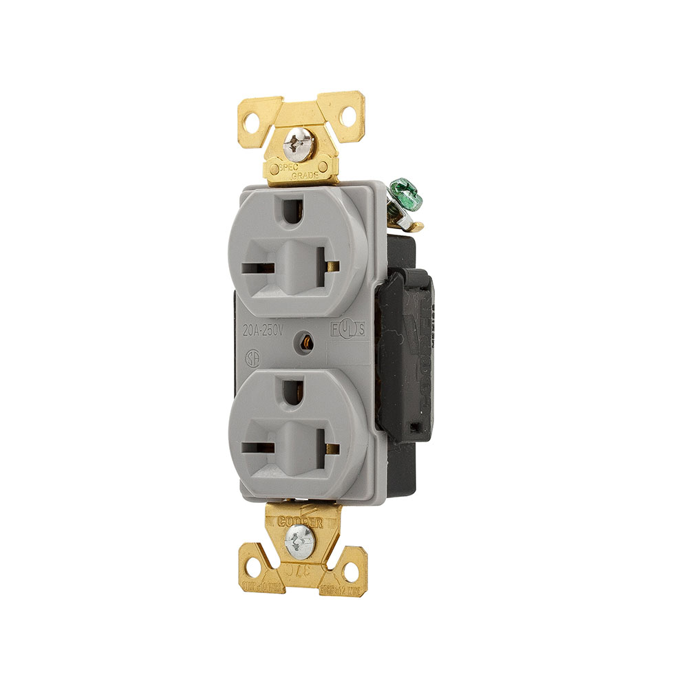 Eaton Arrow Hart extra heavy-duty industrial specification grade duplex receptacle,#14-10 AWG,20A,Industrial,Flush,250V,Back and Side,Gray,Brass,High-impact nylon face,Glass-filled nylon base,6-20R,Duplex,Screw,Nylon,Core pack