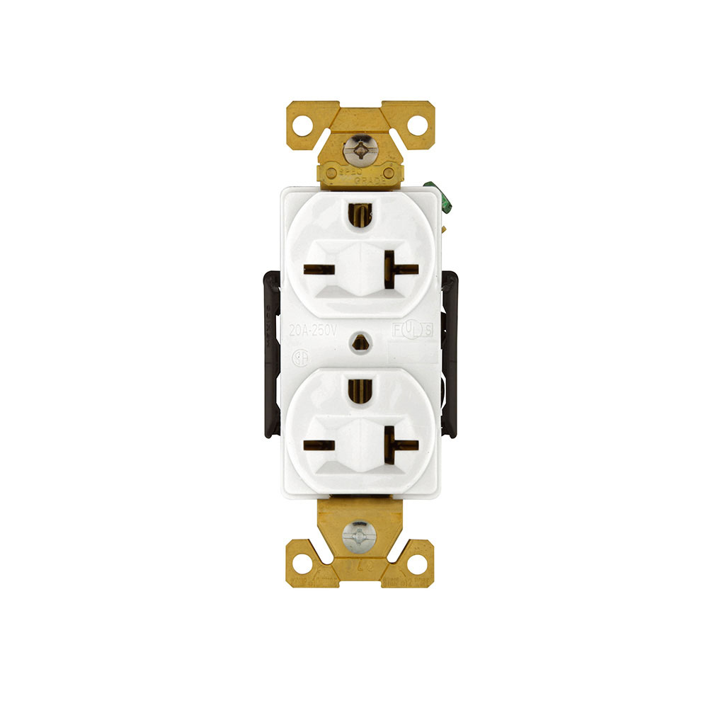 Eaton Arrow Hart extra heavy-duty industrial specification grade duplex receptacle,#14-10 AWG,20A,Industrial,Flush,250V,Back and Side,White,Brass,High-impact nylon face,Glass-filled nylon base,6-20R,Duplex,Screw,Nylon,Core pack