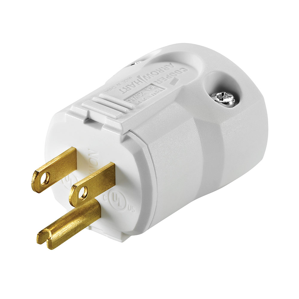 Eaton Arrow Hart quick grip hospital grade straight blade plug,#18-12 AWG,15A,Industrial,125V,Back wire,White,Brass,Polycarbonate with nylon outer shell,5-15P,Two-pole,three-wire,grounding,Screw,0.22-0.66