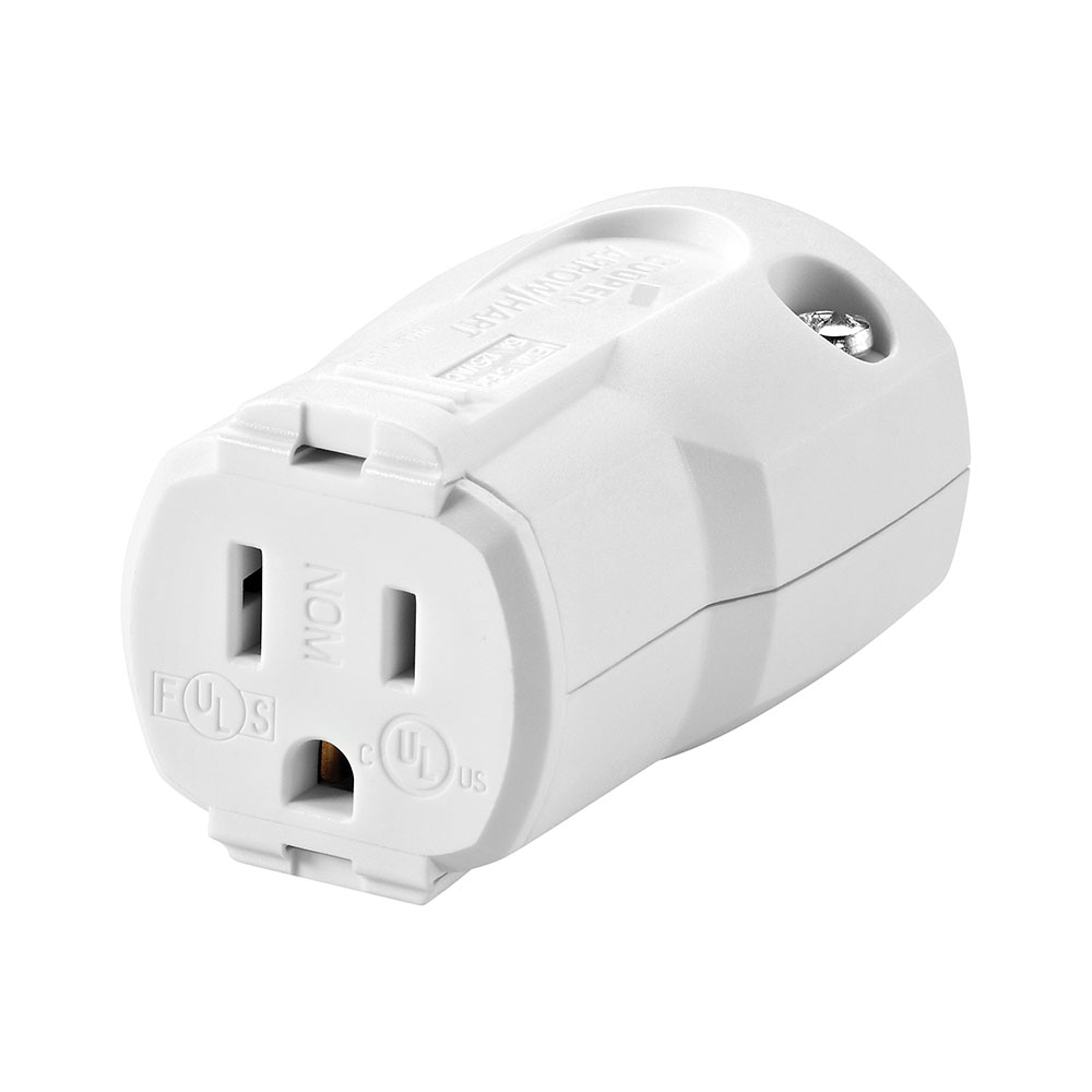 Eaton Arrow Hart quick grip hospital grade straight blade connector,#18-12 AWG,15A,Industrial,125V,Back wire,White,Brass,Polycarbonate with nylon outer shell,5-15R,Two-pole,three-wire,grounding,Screw,0.22-0.66