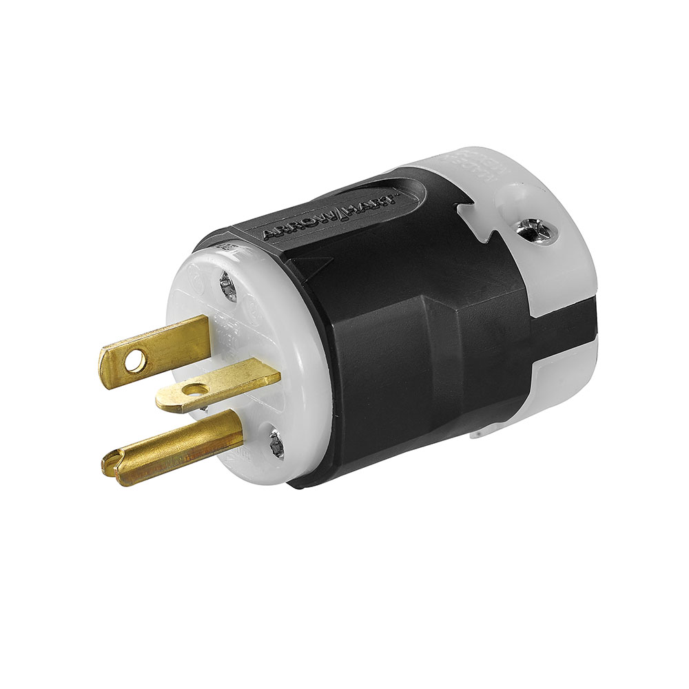 Eaton Arrow Hart ultra grip hospital grade straight blade plug, #18 to 12 AWG, 15A, Industrial, 125V, Back wire, Black and white, Brass, Nylon, 5-20P, Two-pole, three-wire, grounding, Screw, 0.33-0.66