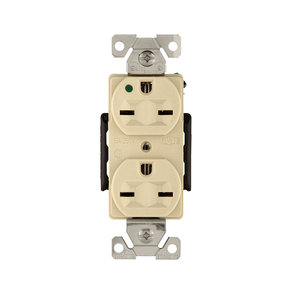 Eaton Arrow Hart extra heavy-duty hospital grade duplex receptacle,#14 to 10 AWG,15A,Healthcare,Flush,250V,Back and side,Ivory,Brass,High-impact nylon face,Glass-filled nylon base,6-15R,Two-pole,three-wire,grounding,Screw,Core pack