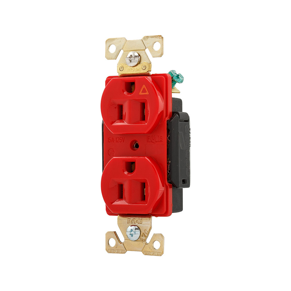 Eaton Arrow Hart extra heavy-duty industrial specification grade duplex receptacle,#14 -10AWG,15A,Flush,125V,Back and side,Red,Brass,High-impact nylon face,Glass-filled nylon base,5-15R,Two-pole,three-wire,grounding,Screw,Core pack