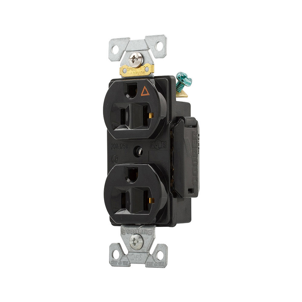 Eaton Arrow Hart extra heavy-duty industrial specification grade duplex receptacle,#14-10 AWG,20A,Flush,125V,Back and side,Black,Brass,High-impact nylon face,Glass-filled nylon base,5-20R,Screw,Core pack,Isolated ground