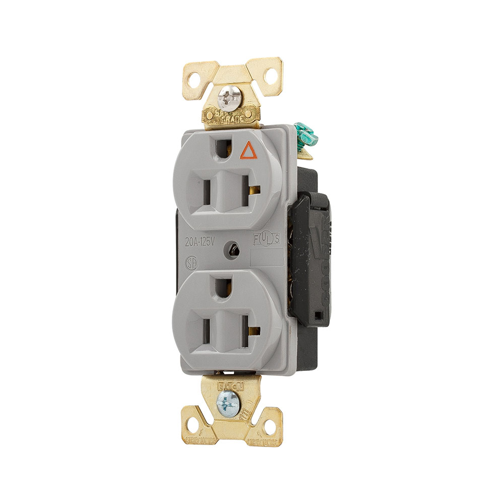 Eaton Arrow Hart extra heavy-duty industrial specification grade duplex receptacle,#14-10 AWG,20A,Flush,125V,Back and side,Gray,Brass,High-impact nylon face,Glass-filled nylon base,5-20R,Screw,Core pack,Isolated ground