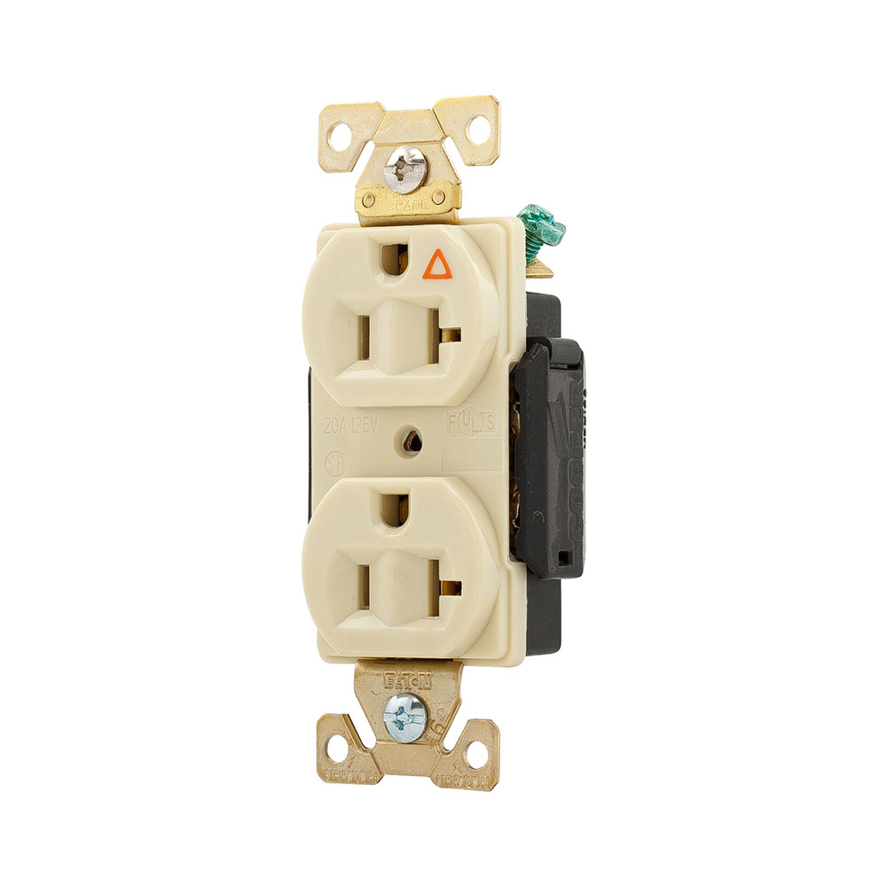 Eaton Arrow Hart extra heavy-duty industrial specification grade duplex receptacle,#14 to 10 AWG,20A,Flush,125V,Back and side,Ivory,Brass,High-impact nylon face,Glass-filled nylon base,5-20R,Two-pole,three-wire,grounding,Screw,Core pack