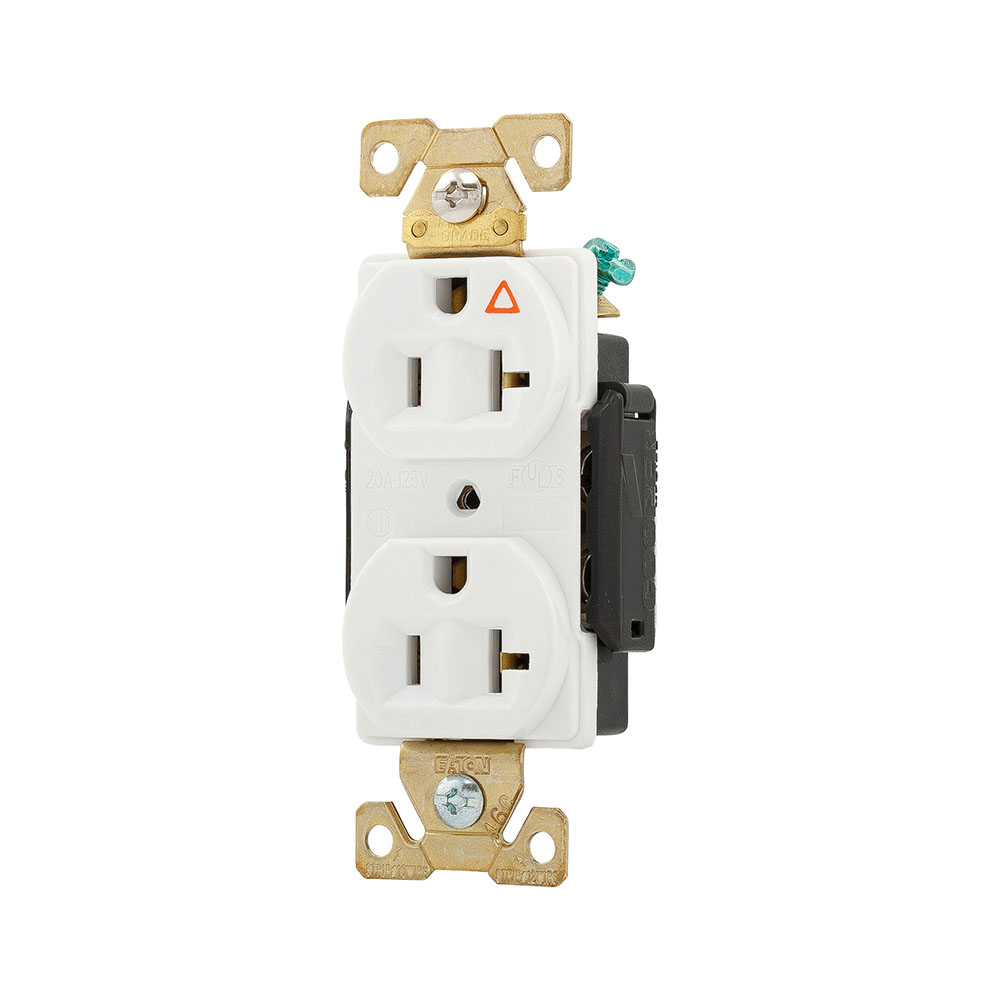 Eaton Arrow Hart extra heavy-duty industrial specification grade duplex receptacle,#14-10 AWG,20A,Flush,125V,Back and side,White,Brass,High-impact nylon face,Glass-filled nylon base,5-20R,Screw,Core pack,Isolated ground