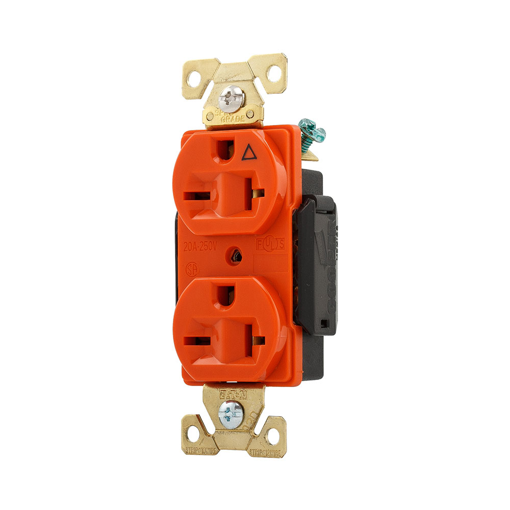 Eaton Arrow Hart extra heavy-duty industrial specification grade duplex receptacle,#14-10 AWG,20A,Industrial,Flush,250V,Back and side,Orange,Brass,High-impact nylon face,Glass-filled nylon base,6-20R,Duplex,Screw,Core pack
