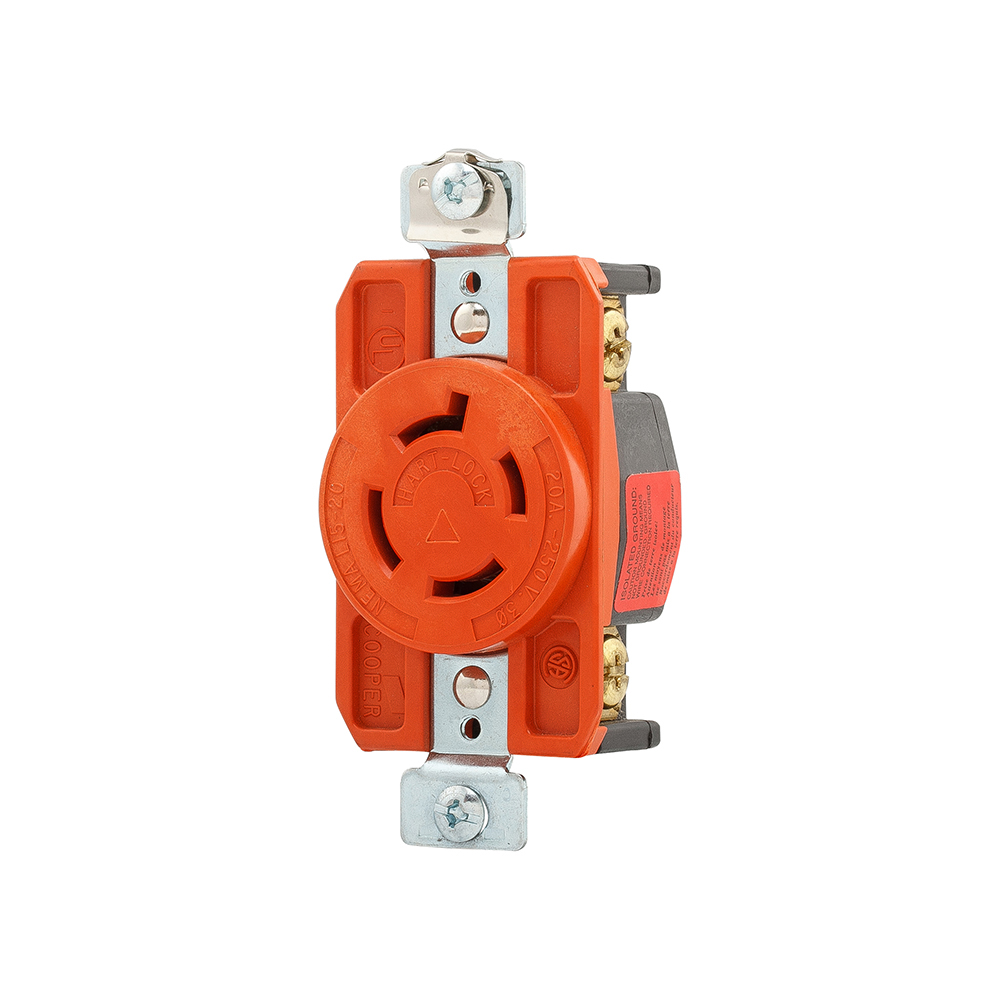 Eaton locking receptacle, #14-8 AWG, 20A, Industrial, 250V, Back and side wiring, Orange, Single, L15-20, Three-pole, Four-wire, Glass-filled nylon