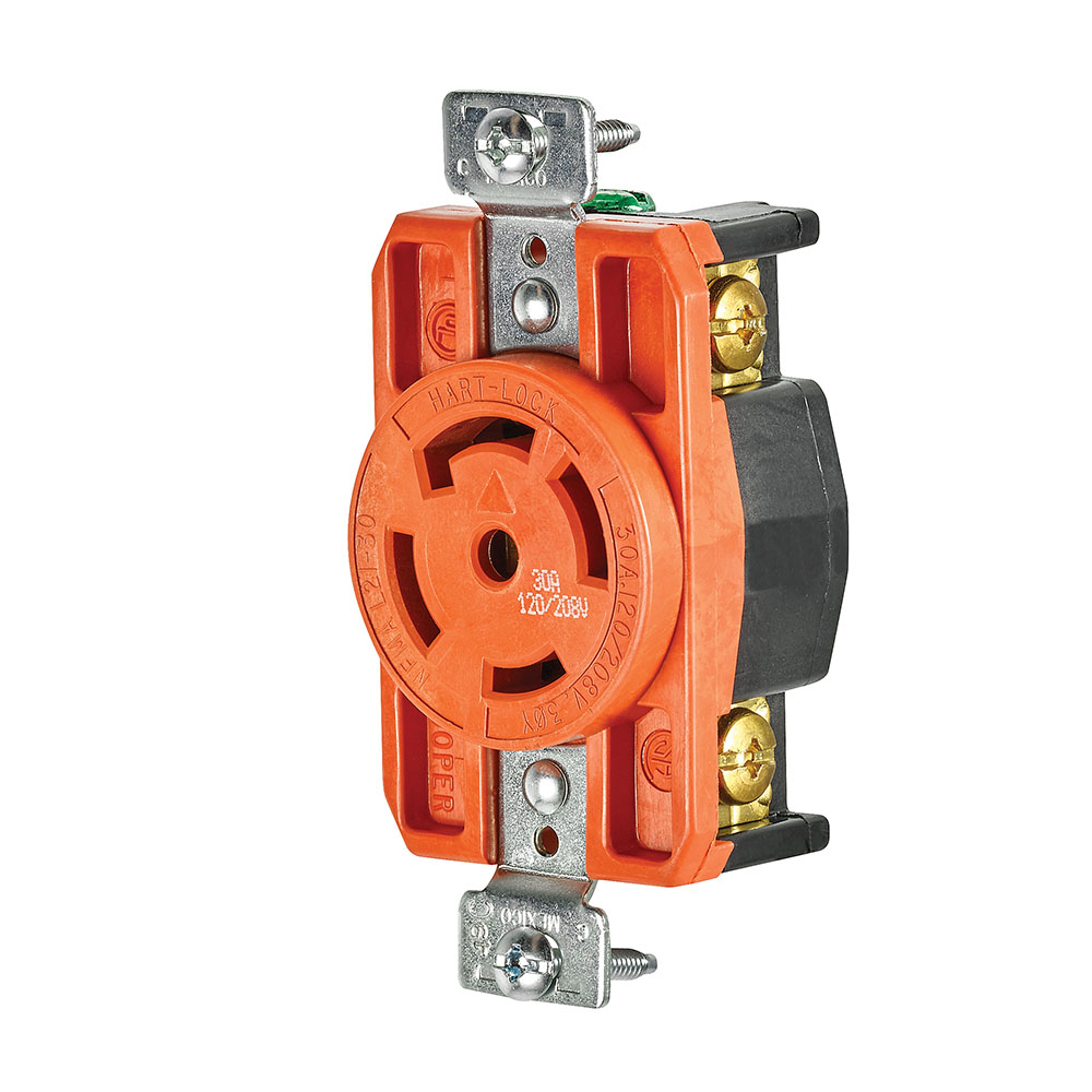 Eaton locking receptacle, #14-8 AWG, 30A, Industrial, 120/208V, Back and side wiring, Orange, Single, L21-30, Four-pole, Five-wire, Glass-filled nylon