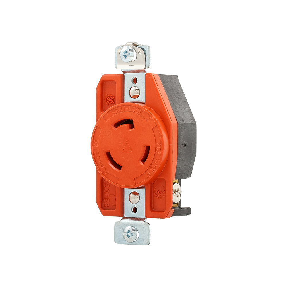 Eaton locking receptacle, #14-8 AWG, 20A, Industrial, 125V, Back and side wiring, Orange, Single, L5-20, Two-pole, Three-wire, Glass-filled nylon