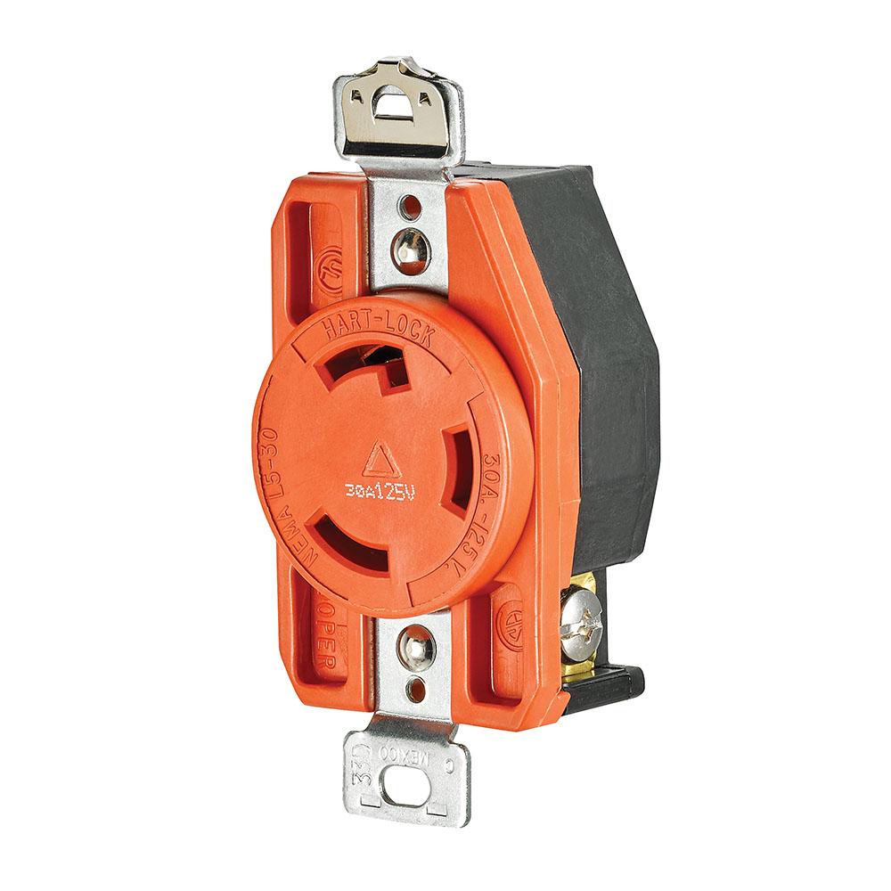 Eaton locking receptacle, #14-8 AWG, 30A, Industrial, 125V, Back and side wiring, Orange, Single, L5-30, Two-pole, Three-wire, Glass-filled nylon