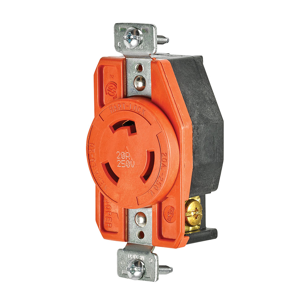 Eaton locking receptacle, #14-8 AWG, 20A, Industrial, 250V, Back and side wiring, Orange, Single, L6-20, Two-pole, Three-wire, Glass-filled nylon