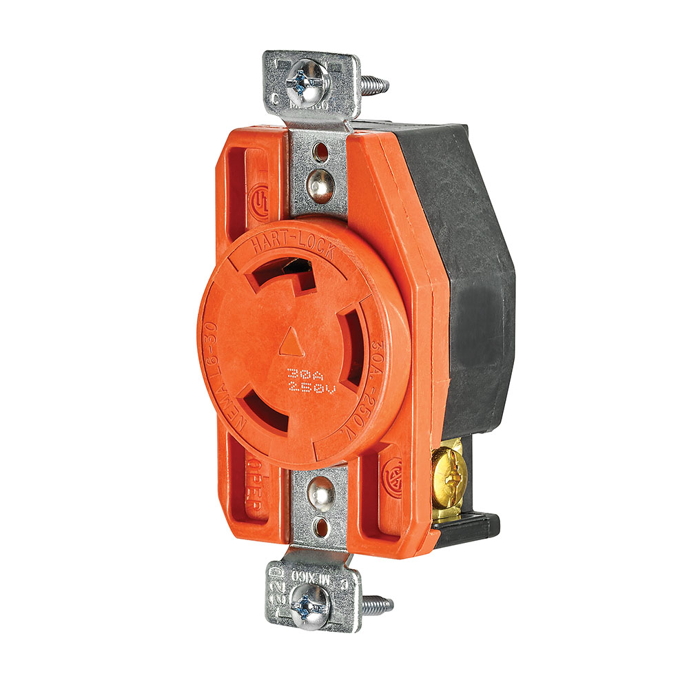 Eaton locking receptacle, #14-8 AWG, 30A, Industrial, 250V, Back and side wiring, Orange, Single, L6-30, Two-pole, Three-wire, Glass-filled nylon