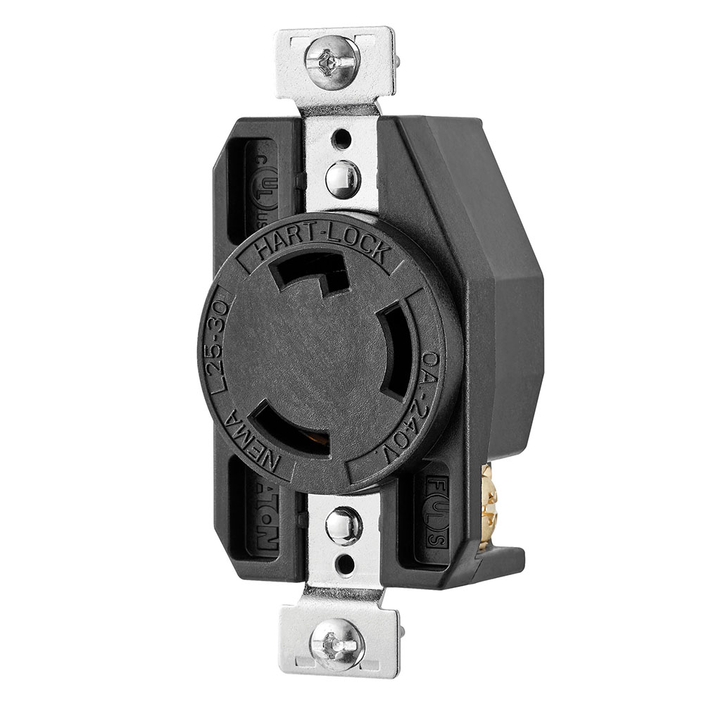 Eaton locking receptacle, #14-8 AWG, 30A, Industrial, 240V, Back and side wiring, Black, Brass, Single, L25-30, Two-pole, Three-wire, Glass-filled nylon