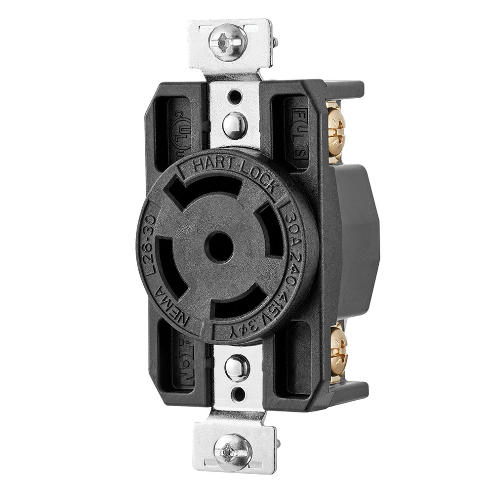Eaton locking receptacle, #14-8 AWG, 30A, Industrial, 240/415V, Back and side wiring, Black, Brass, Single, L26-30, Four-pole, Five-wire, Glass-filled nylon