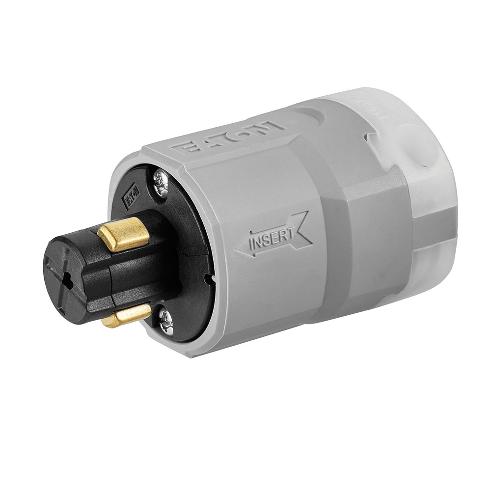 Eaton Arrow Hart locking plug , #12-4 AWG, 20A, Hospital, 125V, Back wiring, Gray, Brass, Ultra grip, Non-NEMA, Two-pole, Three-wire, Nylon