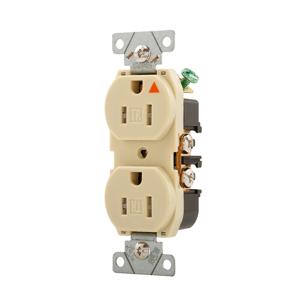 Eaton Arrow Hart extra heavy duty industrial specification grade duplex receptacle,#14-10 AWG,15A,Flush,125V,Back and side,Ivory,Brass,High-impact nylon face,Glass-filled nylon base,5-15R,2-pole,3-wire,Duplex,Screw,Tamper resistant