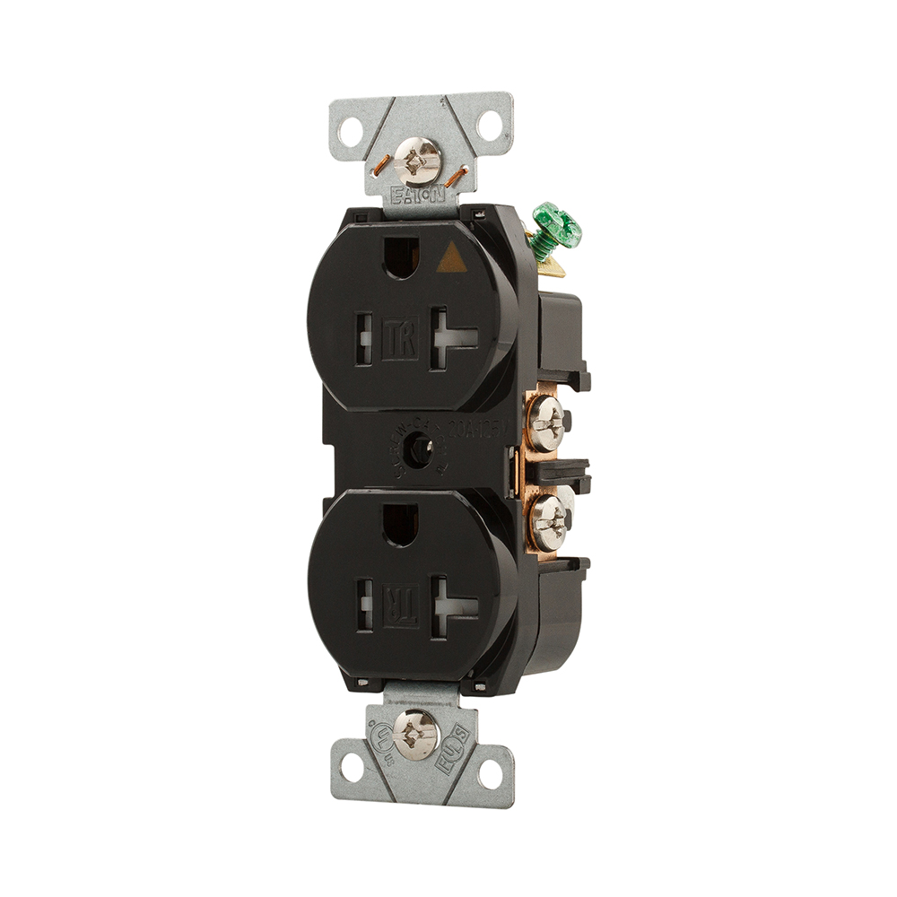 Eaton Arrow Hart extra heavy duty industrial specification grade duplex receptacle,#14-10 AWG,20A,Flush,125V,Back and side,Black,Brass,High-impact nylon face,Glass-filled nylon base,5-20R,2-pole,3-wire,Duplex,Screw,Tamper resistant