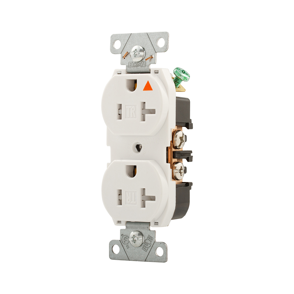 Eaton Arrow Hart extra heavy duty industrial specification grade duplex receptacle,#14-10 AWG,20A,Flush,125V,Back and side,White,Brass,High-impact nylon face,Glass-filled nylon base,5-20R,2-pole,3-wire,Duplex,Screw,Tamper resistant