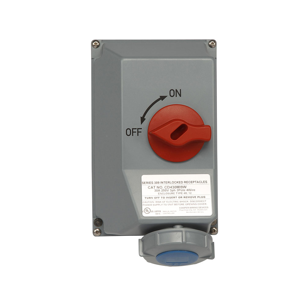 Eaton Arrow Hart mechanical interlock, Non-fusible, 30A, Extra Heavy-Duty, 3Ø 250V, Back wire, Blue and gray, Brass, NEMA 4X, NEMA 12, IP66, Valox, Three-pole, Four-wire, grounding, Female, 10 HP, Rugged Valox, Three-phase