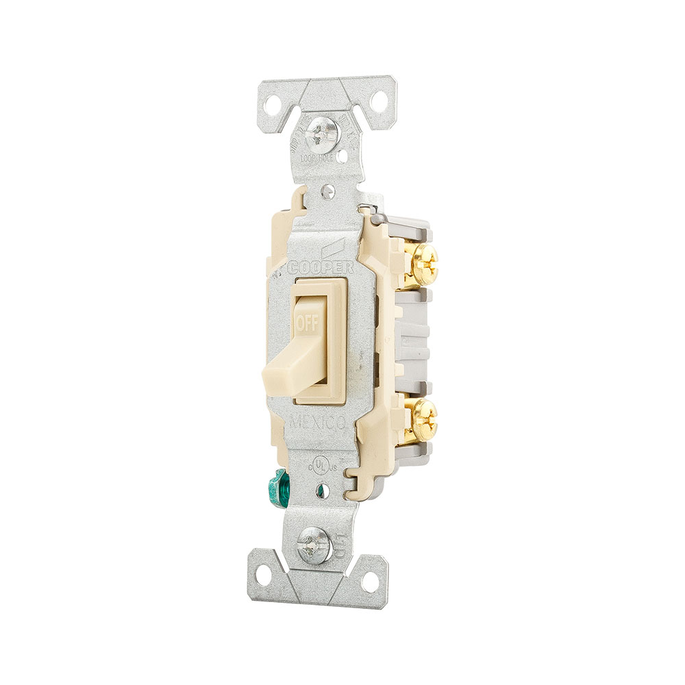 Eaton toggle switch, #14-10 AWG, 15A, Commercial, Flush mount, 120/277V, Back and side, Screw, Ivory, Load type: Motor Control, Fan, LED, Incandescent, ELV, MLV, CFL, Flourescent, Halogen, Single-Pole, Single-Pole, Brass, PVC