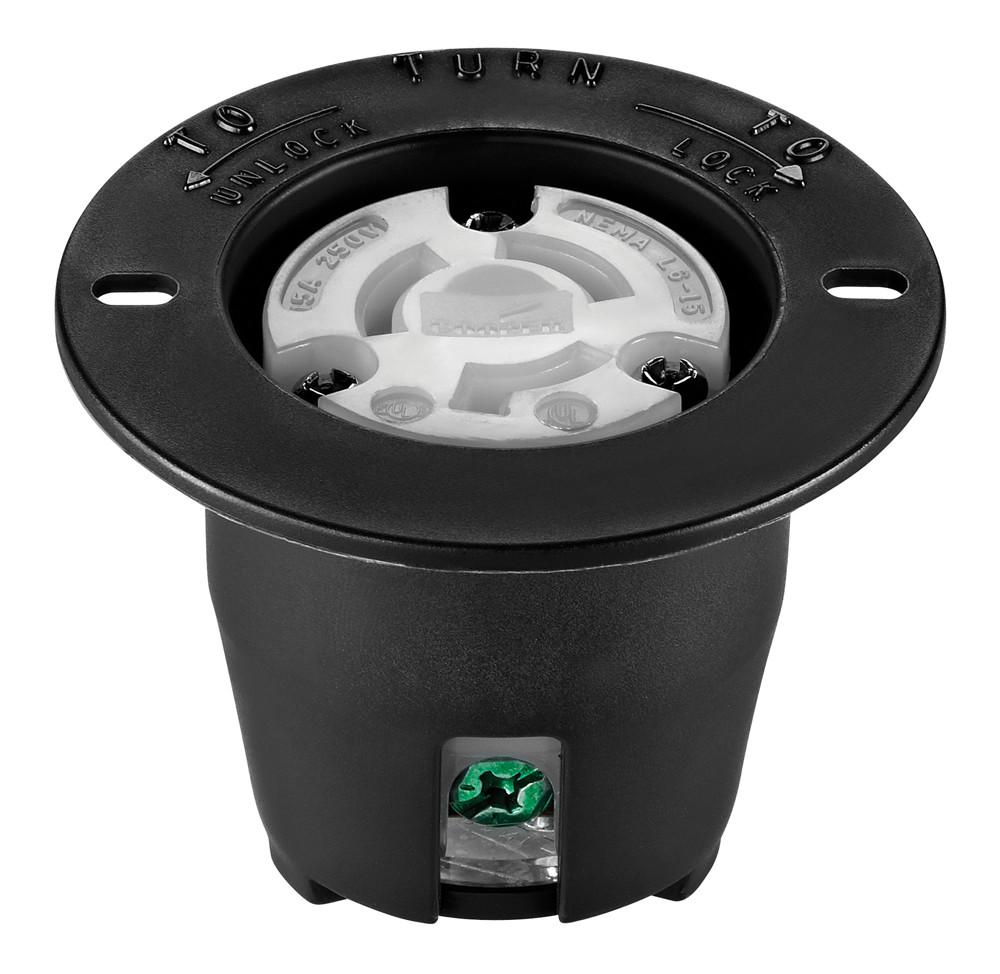 Eaton safety grip locking flanged outlet , #14-8 AWG, 15A, Industrial, 250V, Back wiring, Black, white, L6-15, Two-pole, Three-wire, Nylon, -40° to 75°C
