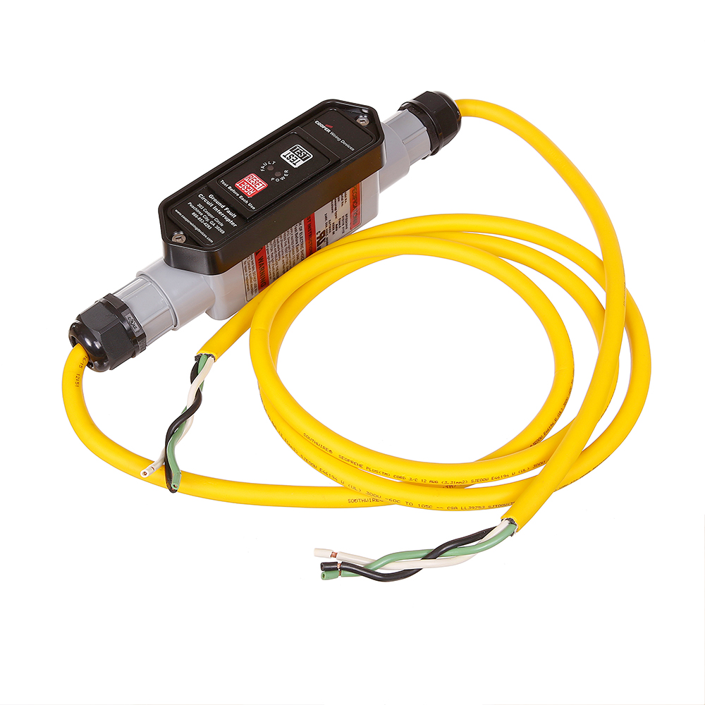 Eaton portable GFCI, Watertight, field wireable, 20A, #12 AWG, 25' (7.62m) cord length, Polycarbonate, Flying leads plug type, Automatic reset, 240V, 4X{NR9} 669965